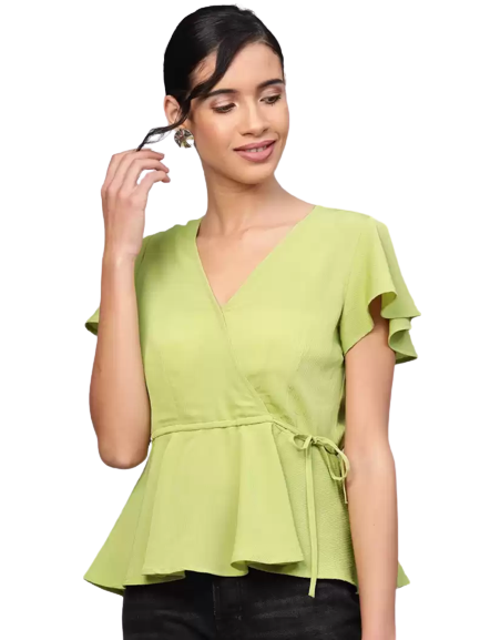 Buy Casual Flared Sleeves Solid Women Green Top